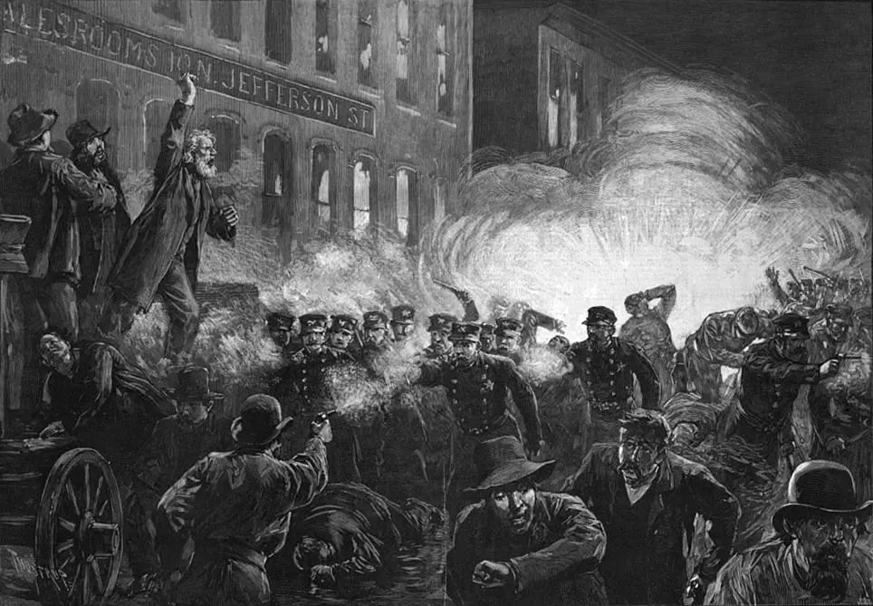 Γκραβούρα του 1886 που αναπαριστά την έκρηξη του Haymarket | Wikipedia
